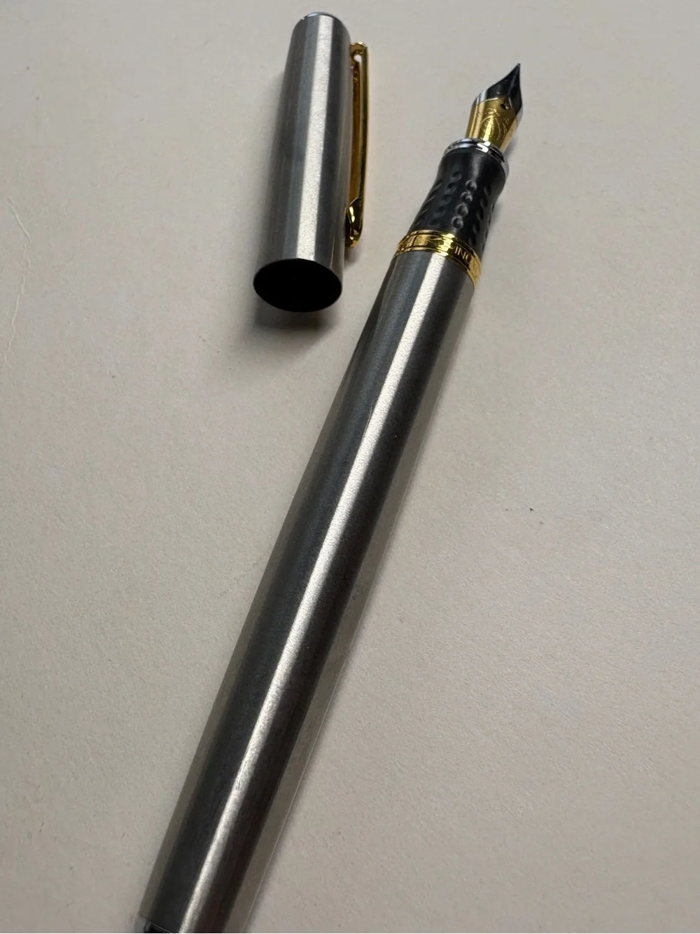 Vintage Inoxcrom Fountain Pen Silver Tone Gold Tone Trim Black Grip Spain